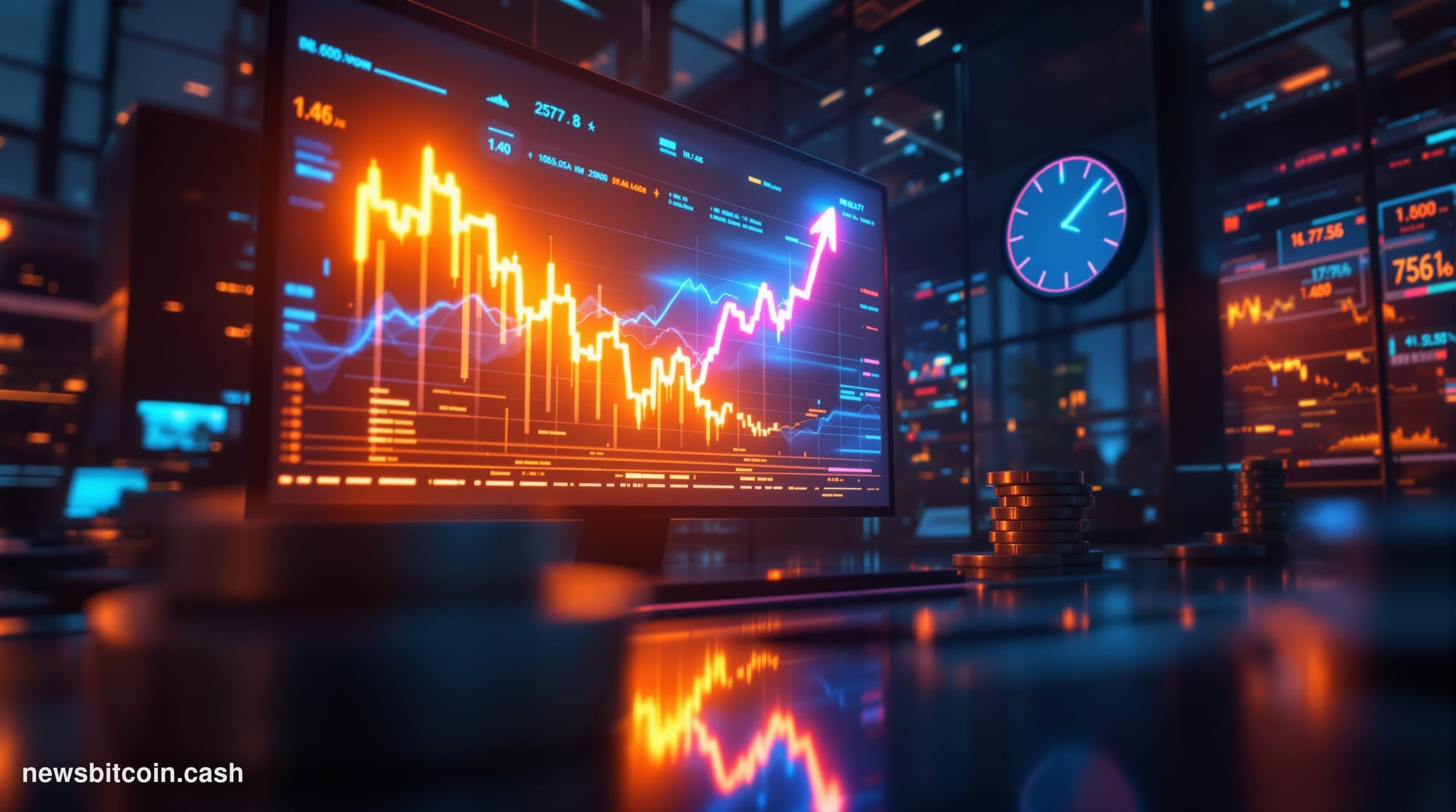 Cinematic photorealistic editorial photograph of a trading exchange operations floor at dusk, with multiple large screens dis