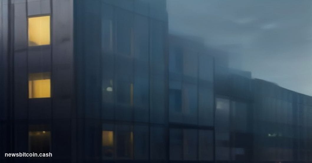 A cinematic photorealistic editorial photograph of a weathered corporate office building exterior at dusk, with a partially i