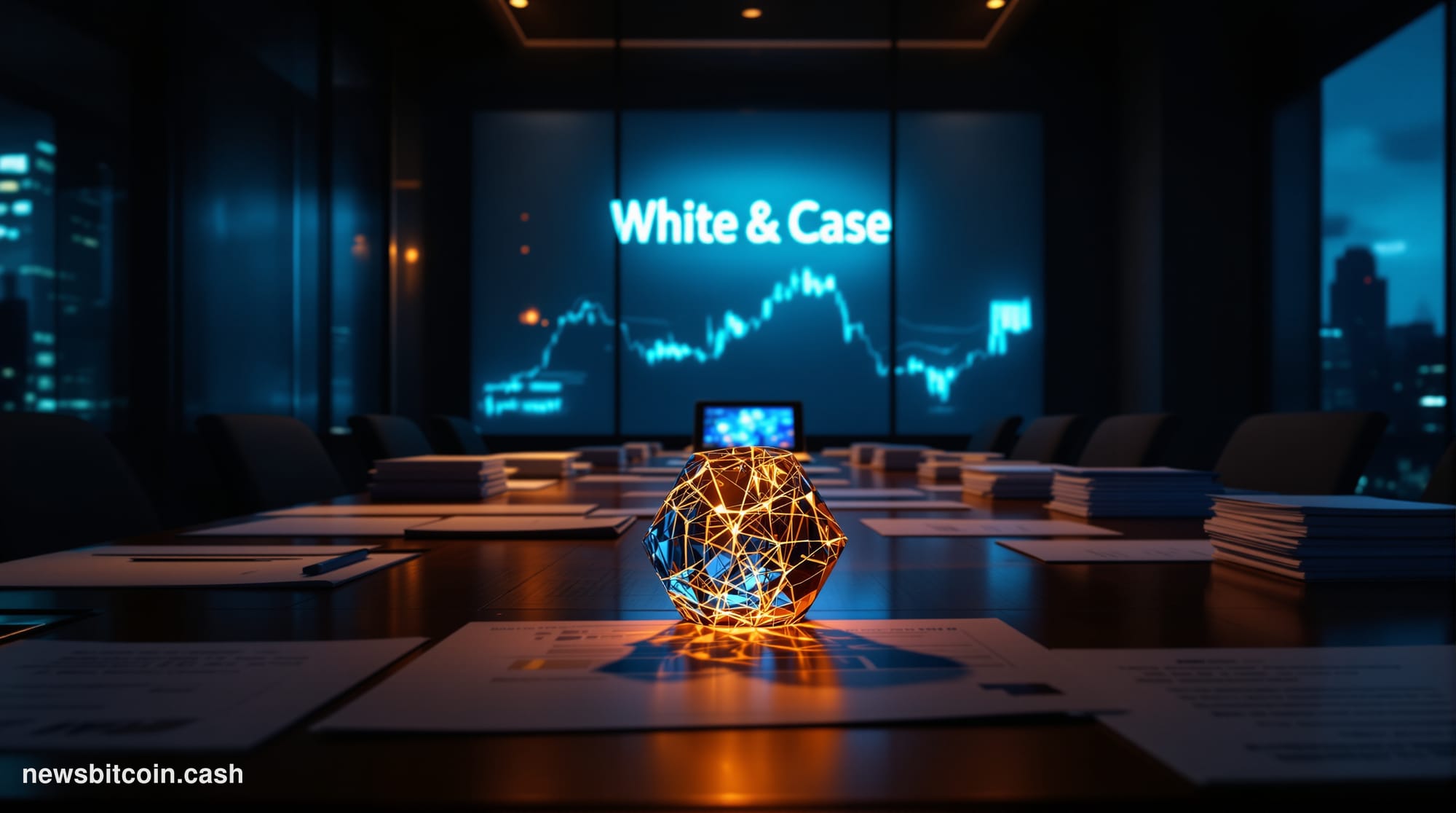 Cinematic photorealistic editorial photograph of a dimly lit law firm war room at night, long mahogany conference table strew