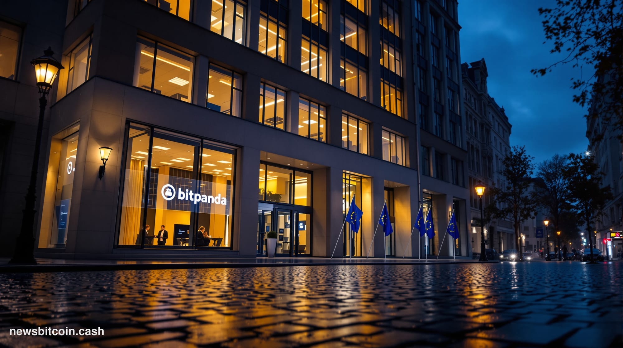Cinematic photorealistic editorial photograph of the Vienna financial district at dusk, with the Austrian Financial Market Au