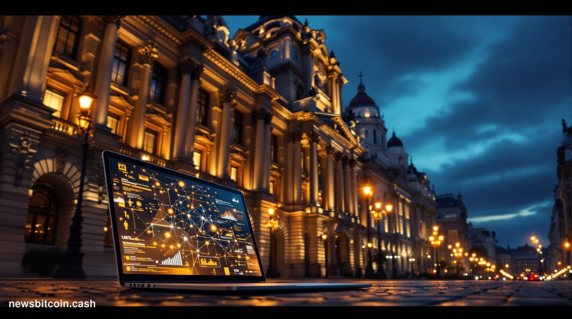 Cinematic photorealistic editorial photograph of Vienna's Ringstrasse financial district at dusk, with the Austro-Hungarian i