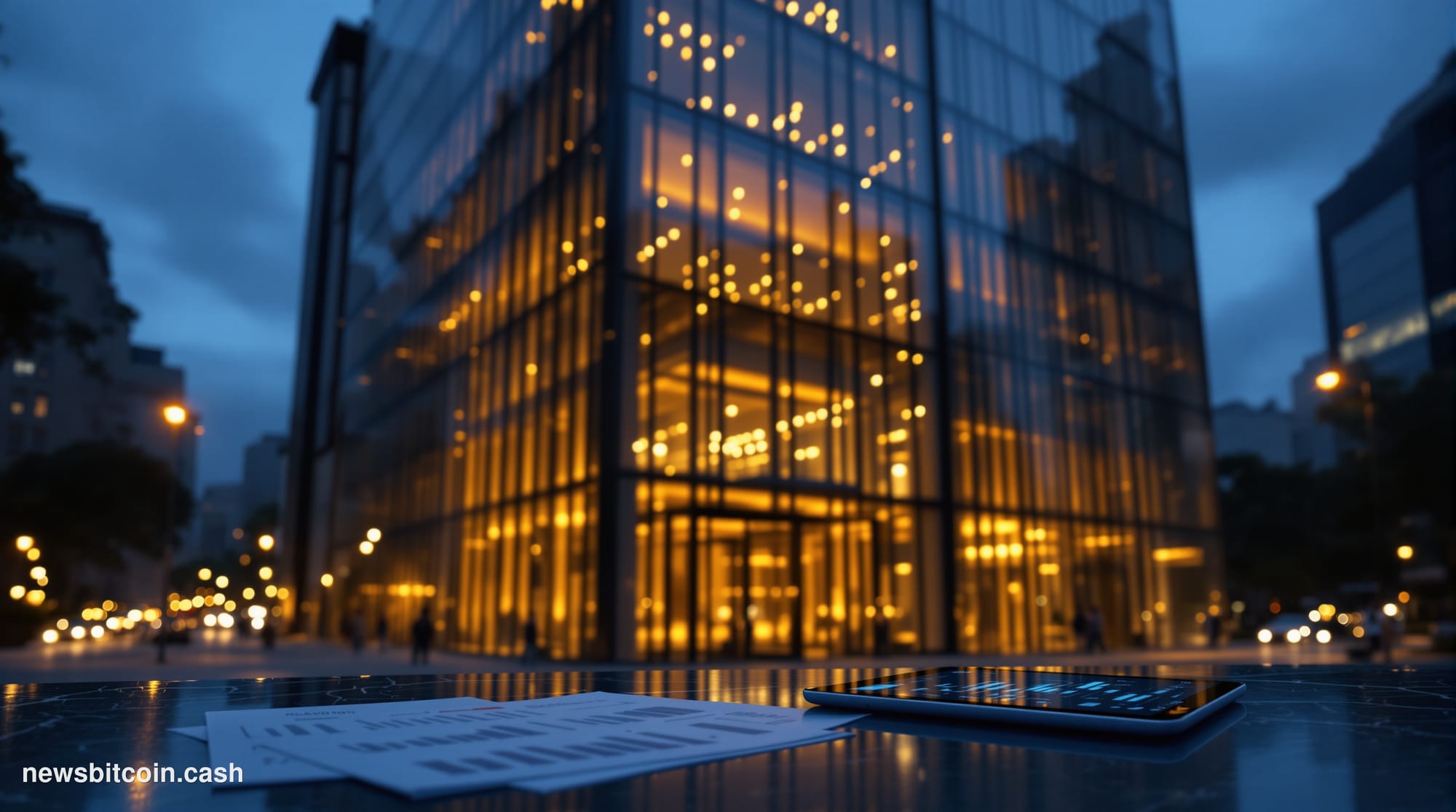 Cinematic photorealistic editorial photograph of the Bitwise Asset Management office entrance in San Francisco, shot at dusk 