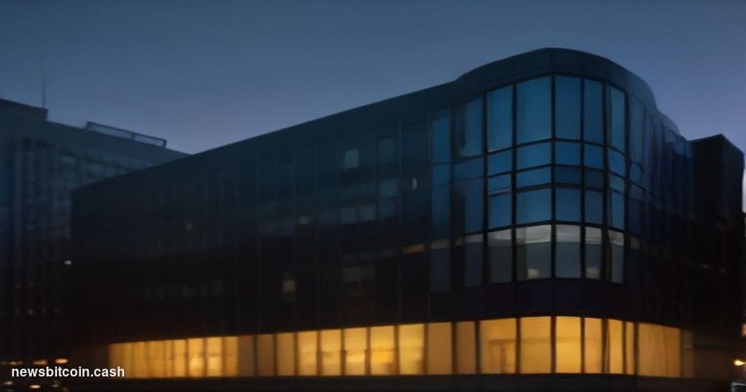 A cinematic photorealistic editorial photograph set at dusk outside the Coinbase San Francisco office entrance, its glass fac