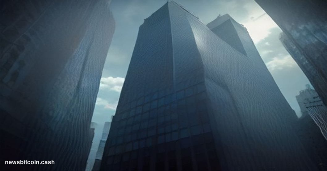 Cinematic photorealistic editorial photograph of BlackRock's Manhattan headquarters at 50 Hudson Yards, shot from a low drama