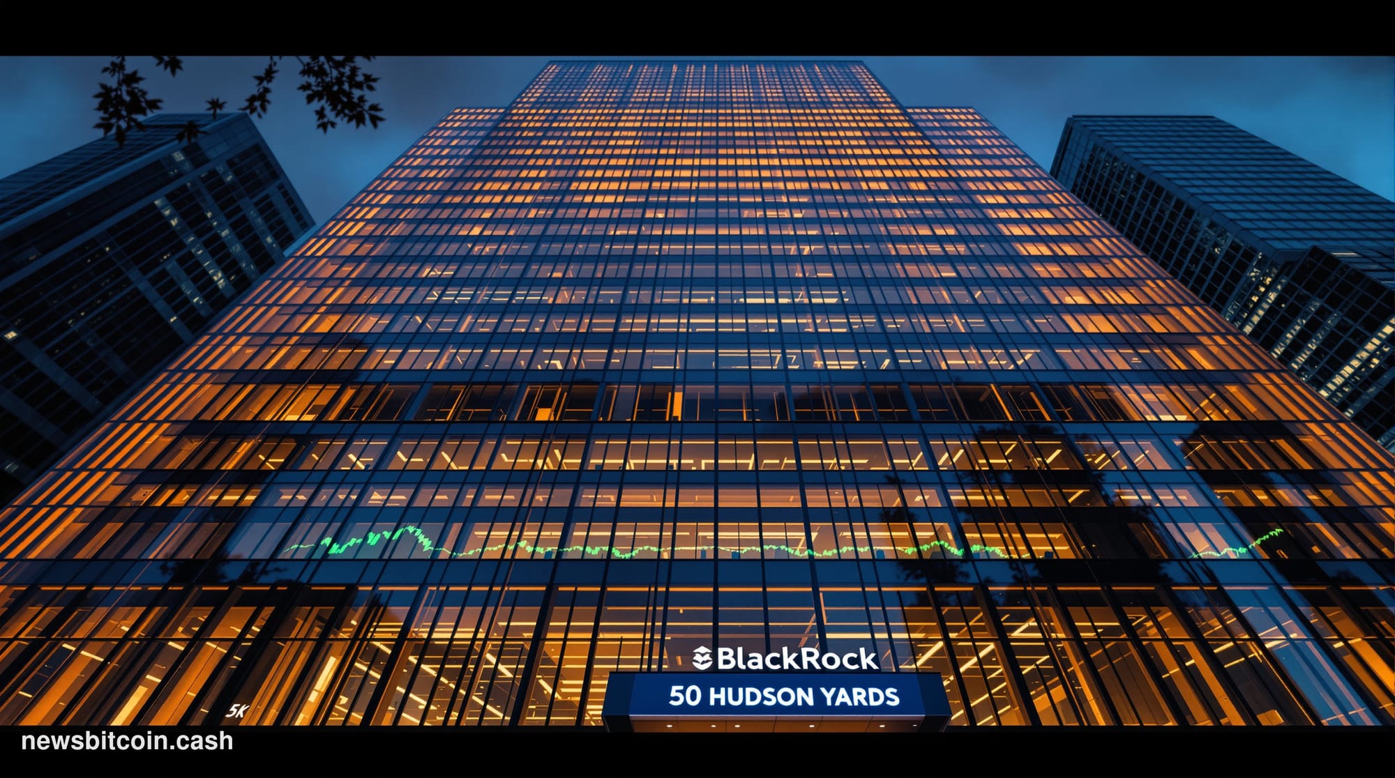 Cinematic photorealistic editorial photograph of BlackRock's Manhattan headquarters at 50 Hudson Yards, shot at dusk from a l