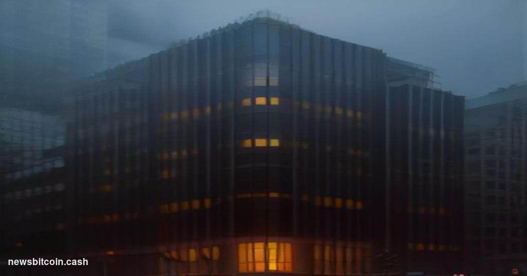 A cinematic photorealistic editorial photograph of BlackRock's Midtown Manhattan headquarters at dusk, the glass facade refle