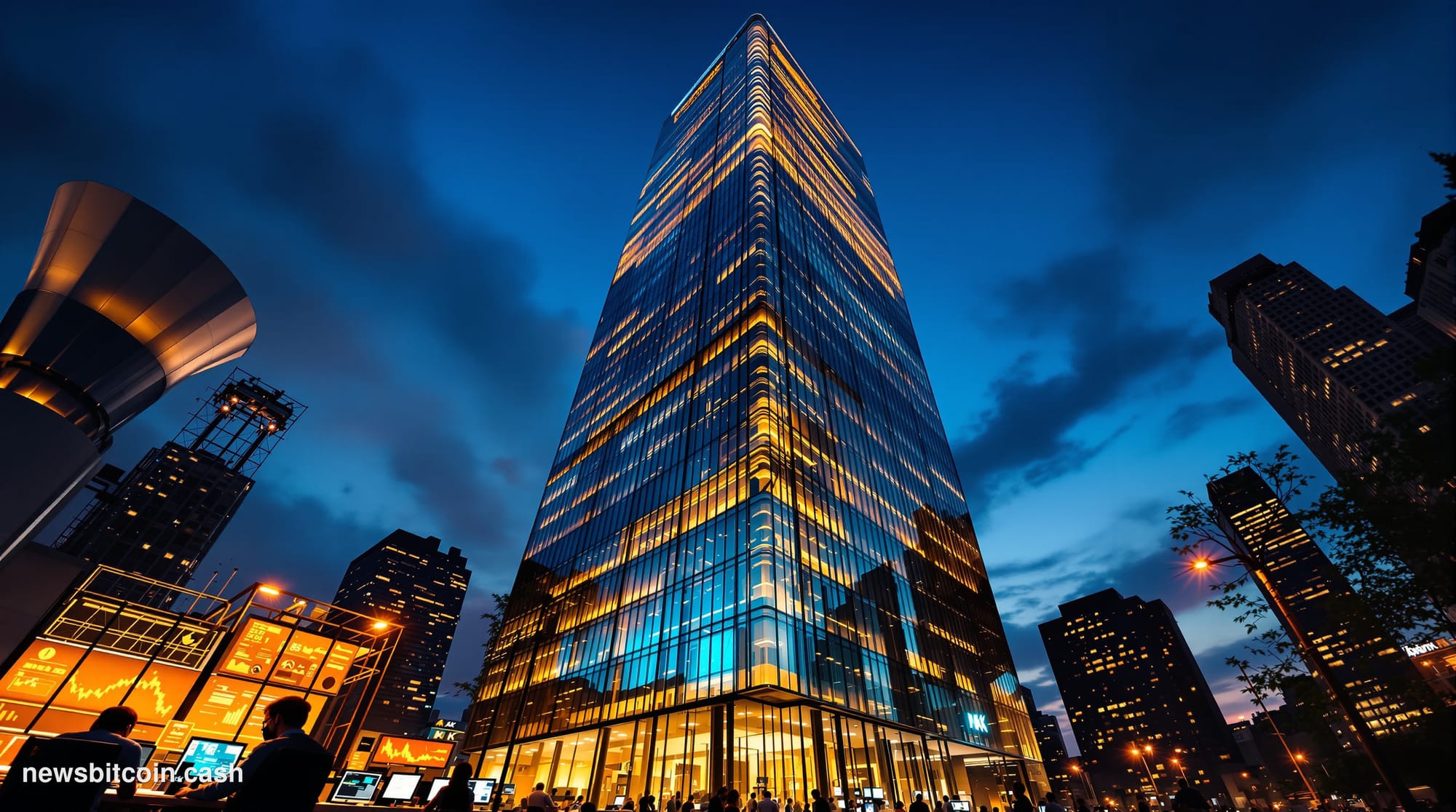 Cinematic photorealistic editorial photograph of BlackRock's Manhattan headquarters at 50 Hudson Yards, shot from a low angle