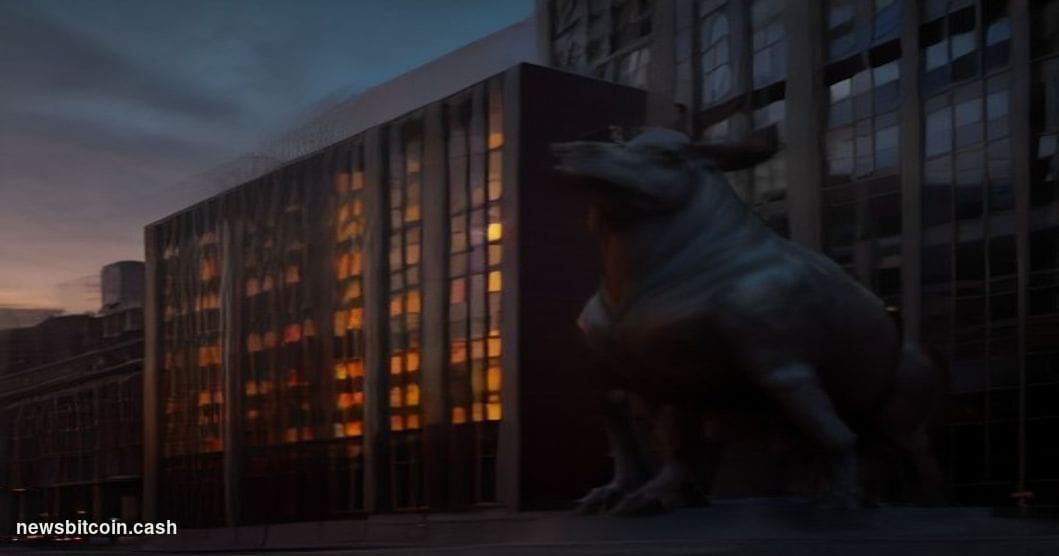 Cinematic photorealistic editorial photograph of BlackRock's Manhattan headquarters at dusk, the building's glass facade refl