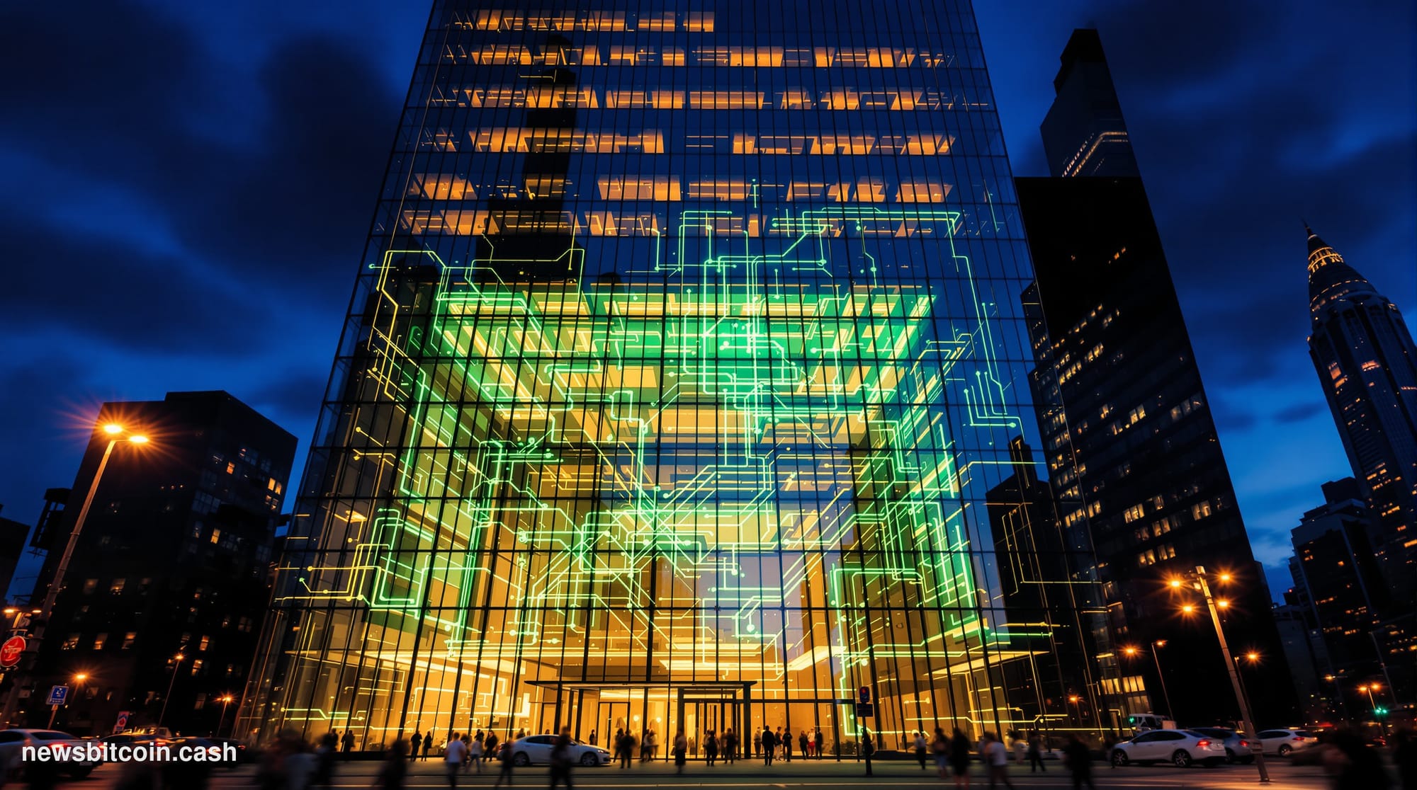 Cinematic photorealistic editorial photograph of BlackRock's Manhattan headquarters at 50 Hudson Yards, shot from a low angle