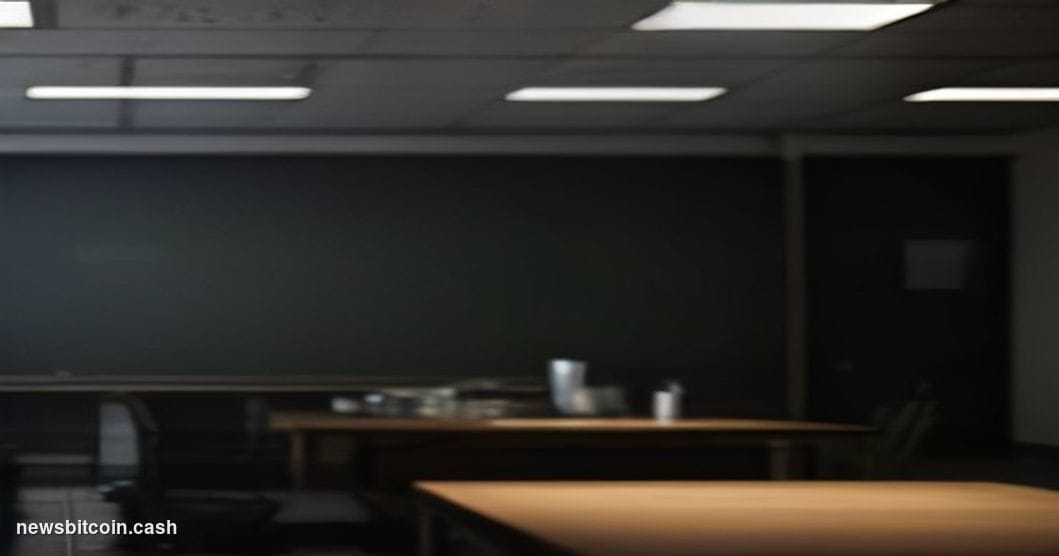 Cinematic photorealistic editorial photograph of a Binance/BNB Chain branded office environment in the foreground with legal 