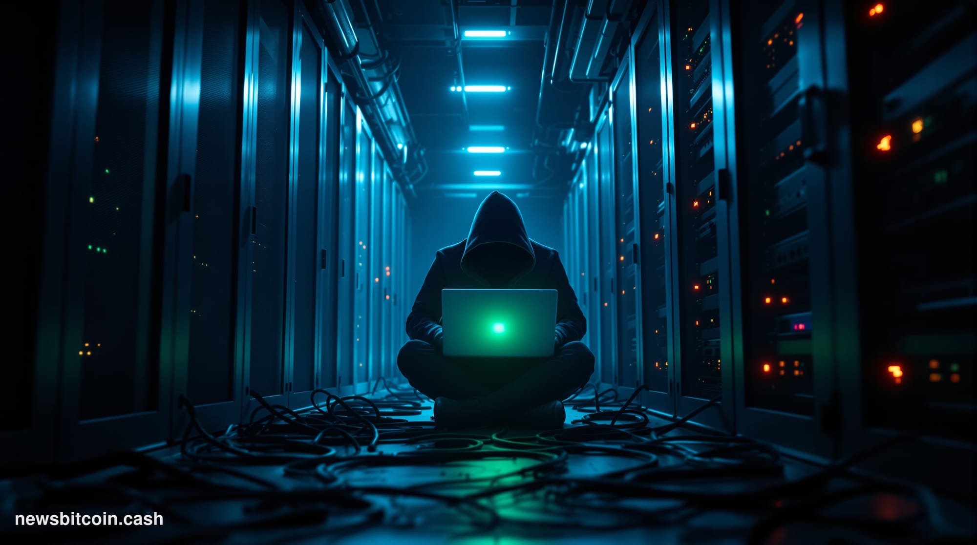 Cinematic photorealistic editorial photograph of a dimly lit data center corridor, shot from a low angle looking up toward a 
