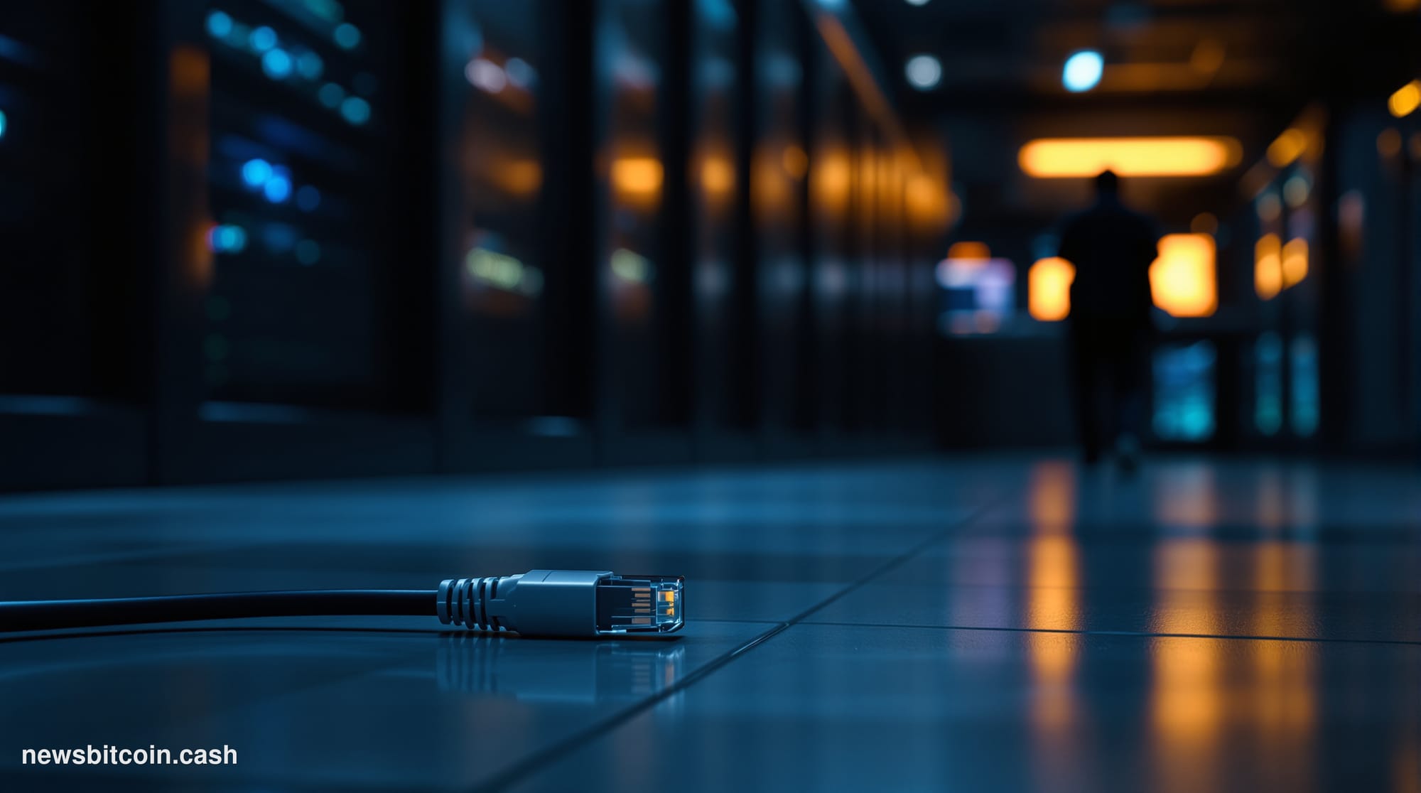 Cinematic photorealistic editorial photograph of a dimly lit server room corridor, shot from a low angle with dramatic side-l