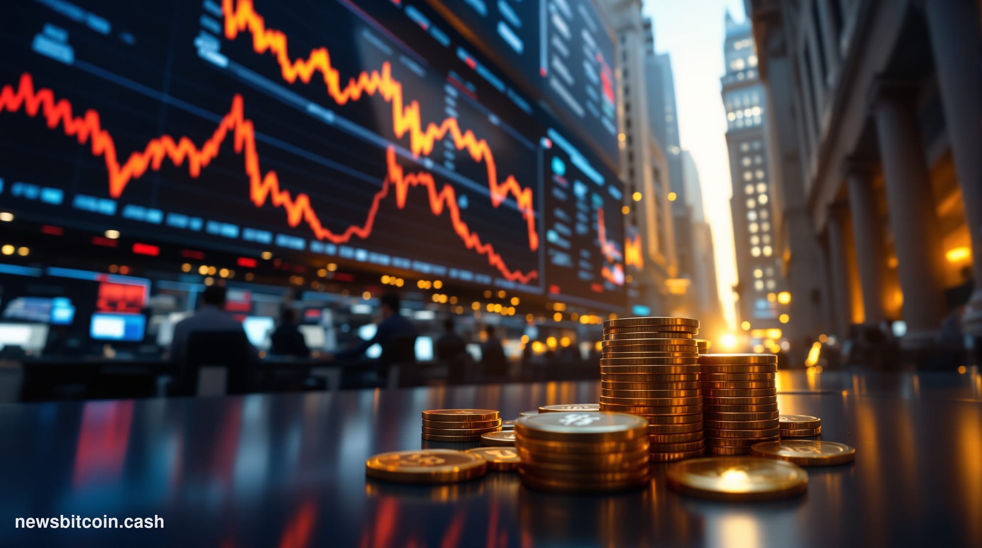 A cinematic photorealistic editorial photograph shot from a low angle inside a sleek financial trading floor, dramatically li