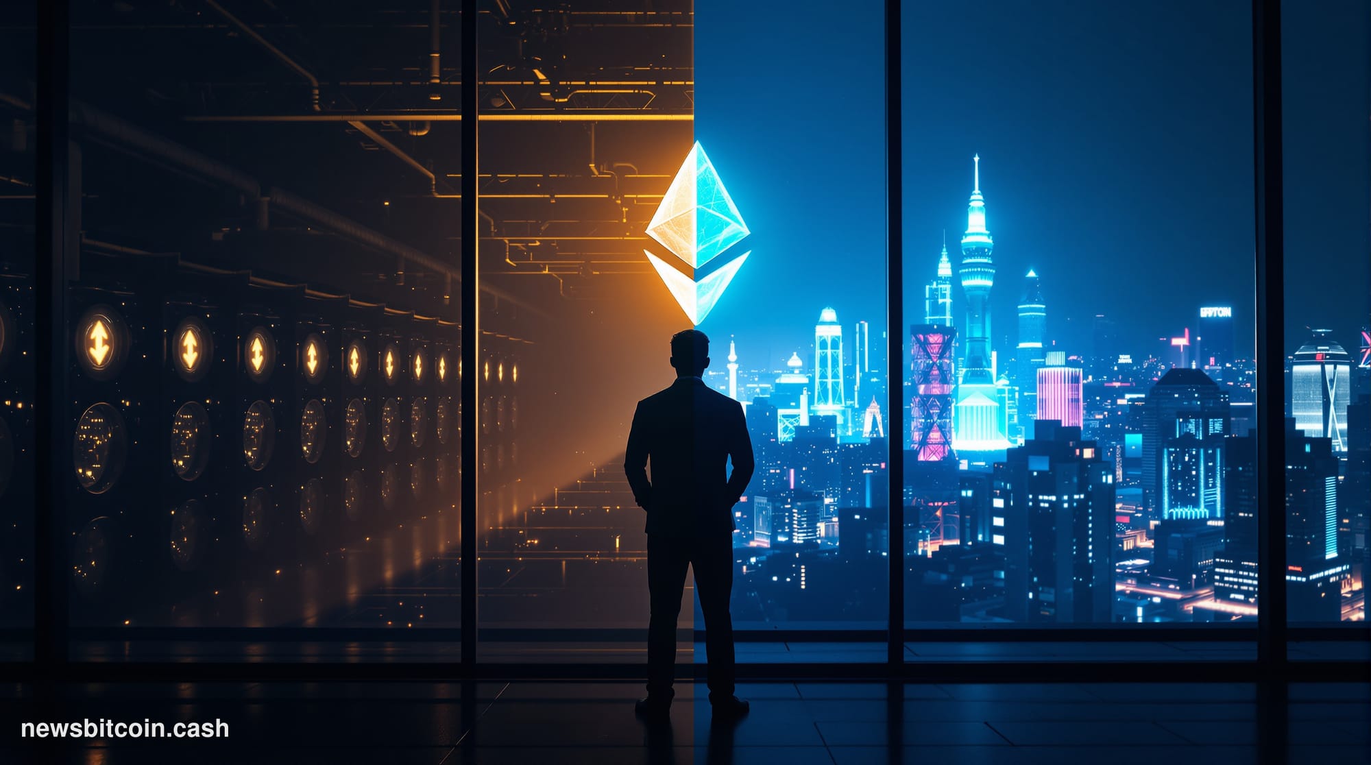 Cinematic photorealistic editorial photograph of a dramatic split-scene composition: on the left, a glowing Bitcoin mining ri