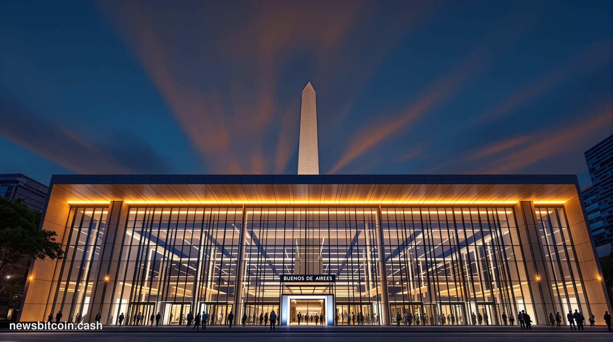 Cinematic photorealistic editorial photograph of the Buenos Aires financial district at dusk, with the iconic Obelisco de Bue