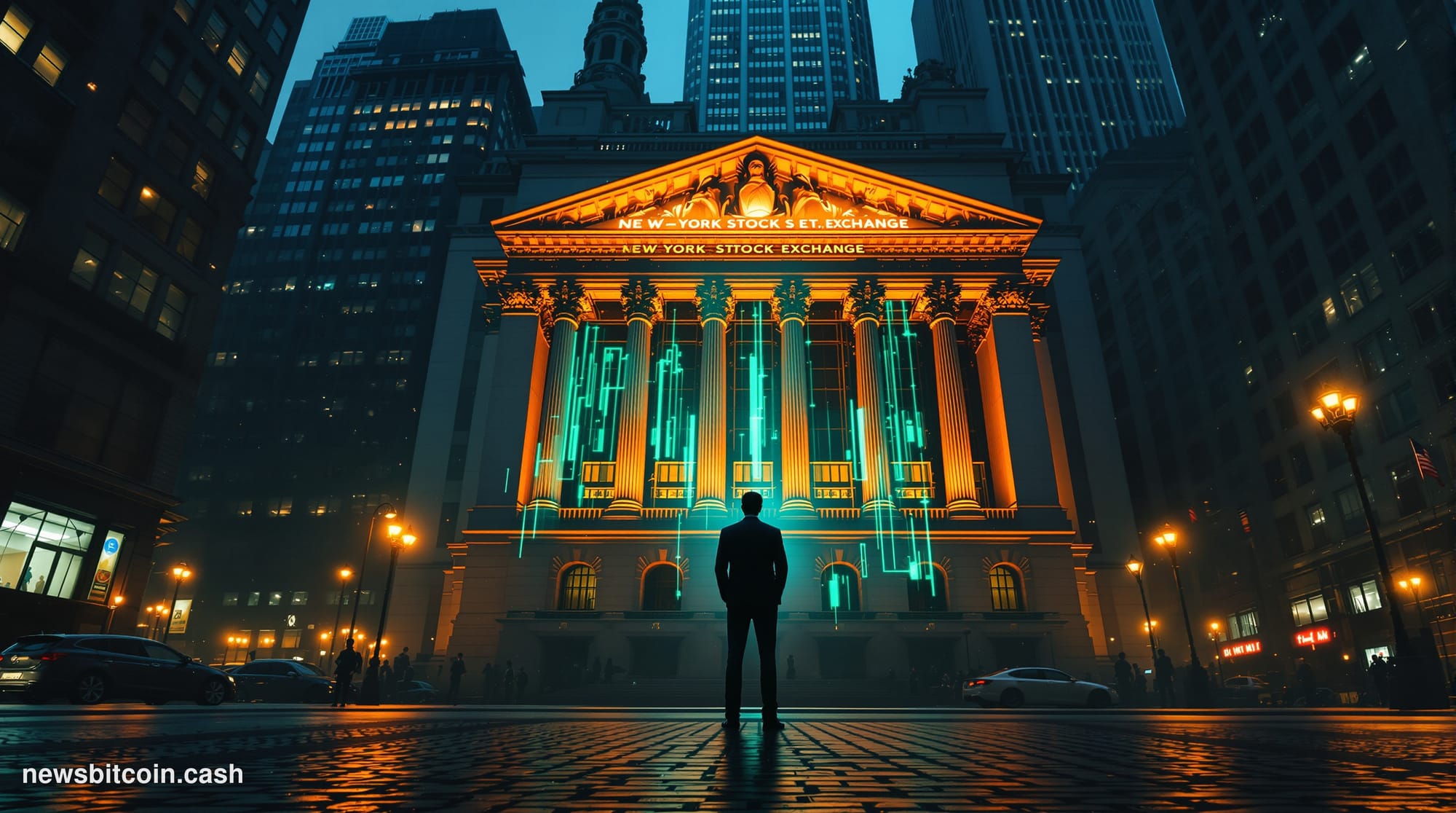 Cinematic photorealistic editorial photograph of a dramatic Wall Street financial district scene at dusk, with the New York S