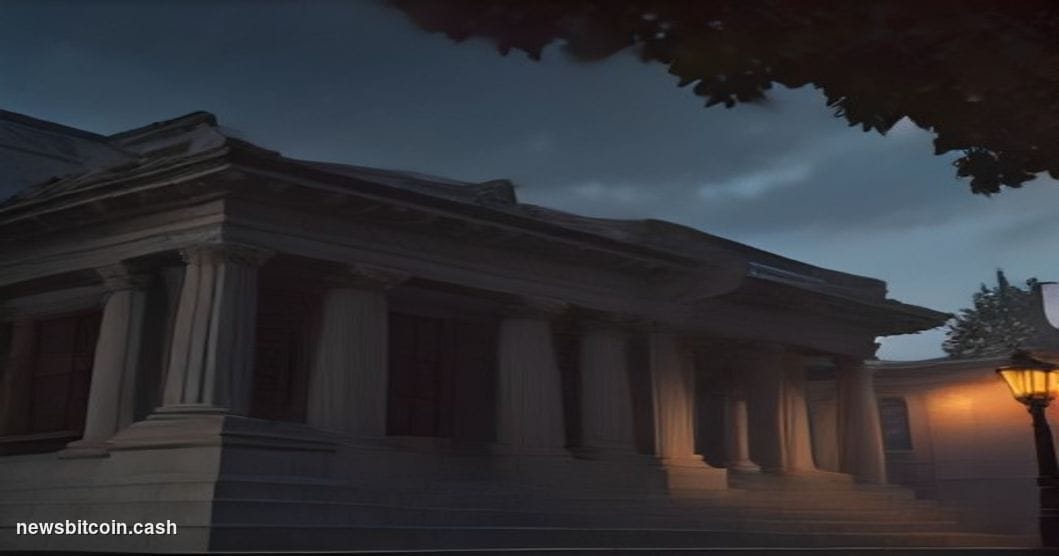 Cinematic photorealistic editorial photograph of a federal courthouse exterior at dusk, shot from a low angle looking up at i