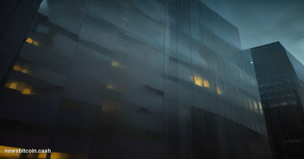 Cinematic photorealistic editorial photograph shot at low angle looking up at the facade of a modern glass-and-steel financia