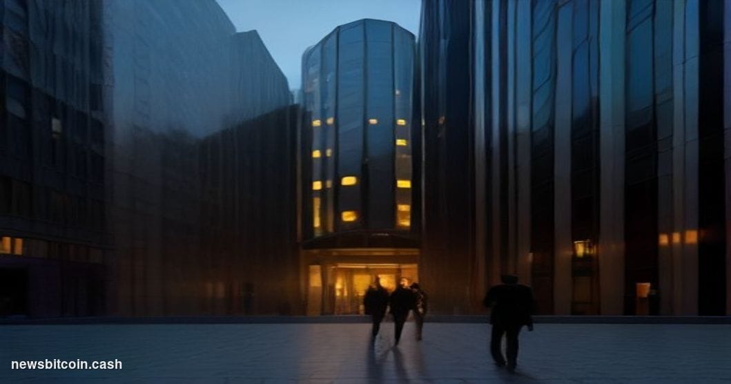 Cinematic photorealistic editorial photograph of a sleek Parisian corporate headquarters at dusk, glass facade reflecting the