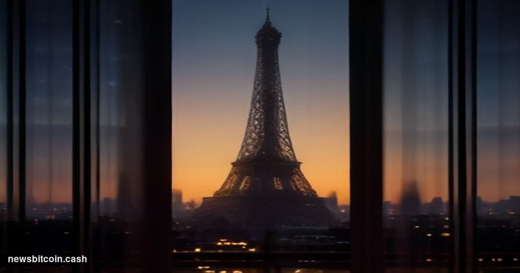 Cinematic photorealistic editorial photograph of the Paris financial district at dusk, with the Eiffel Tower visible in the s