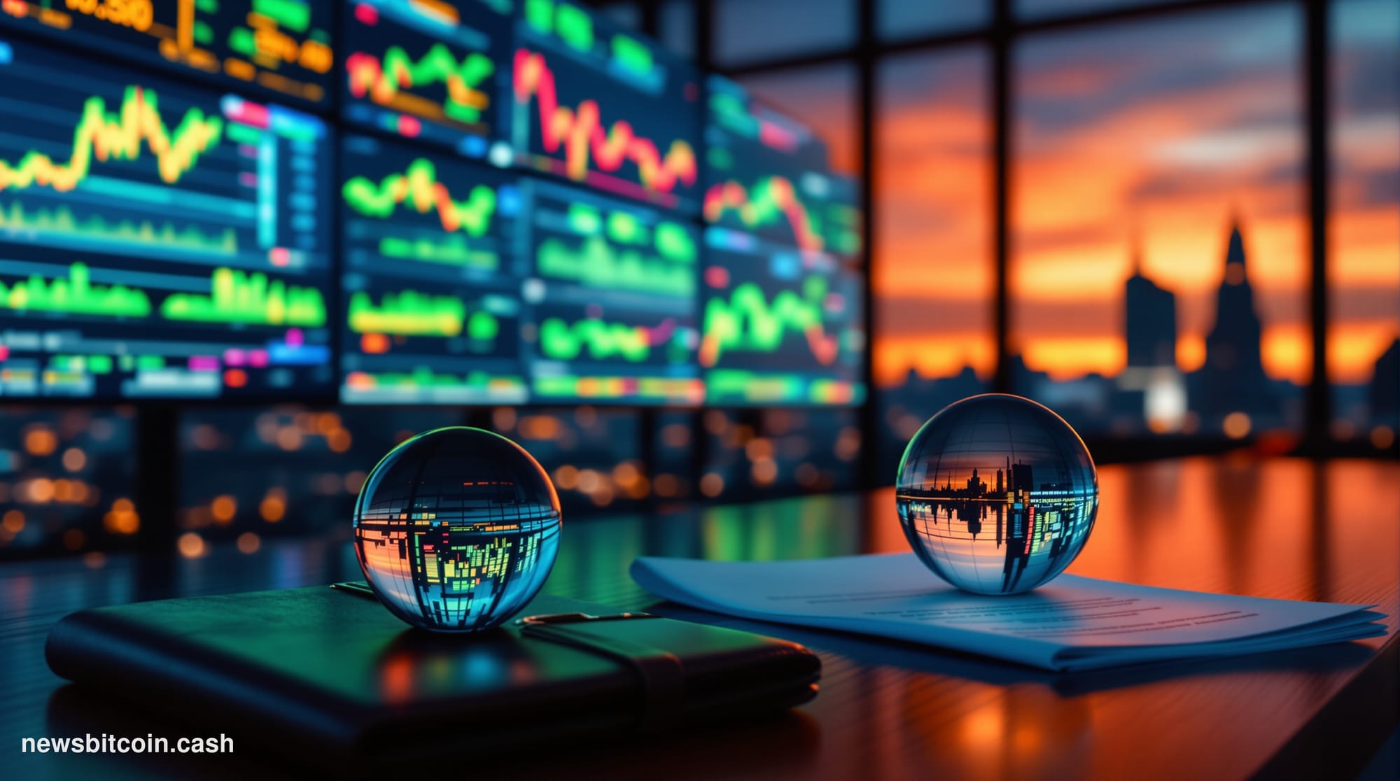 Cinematic photorealistic editorial photograph of a glass-walled financial trading floor at dusk, dramatic amber and blue ligh