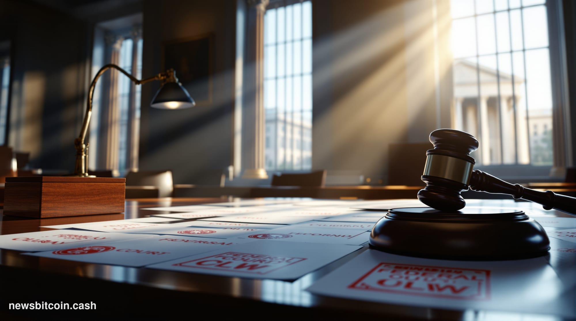 A cinematic photorealistic editorial photograph set inside a austere federal courtroom or regulatory enforcement office in Wa
