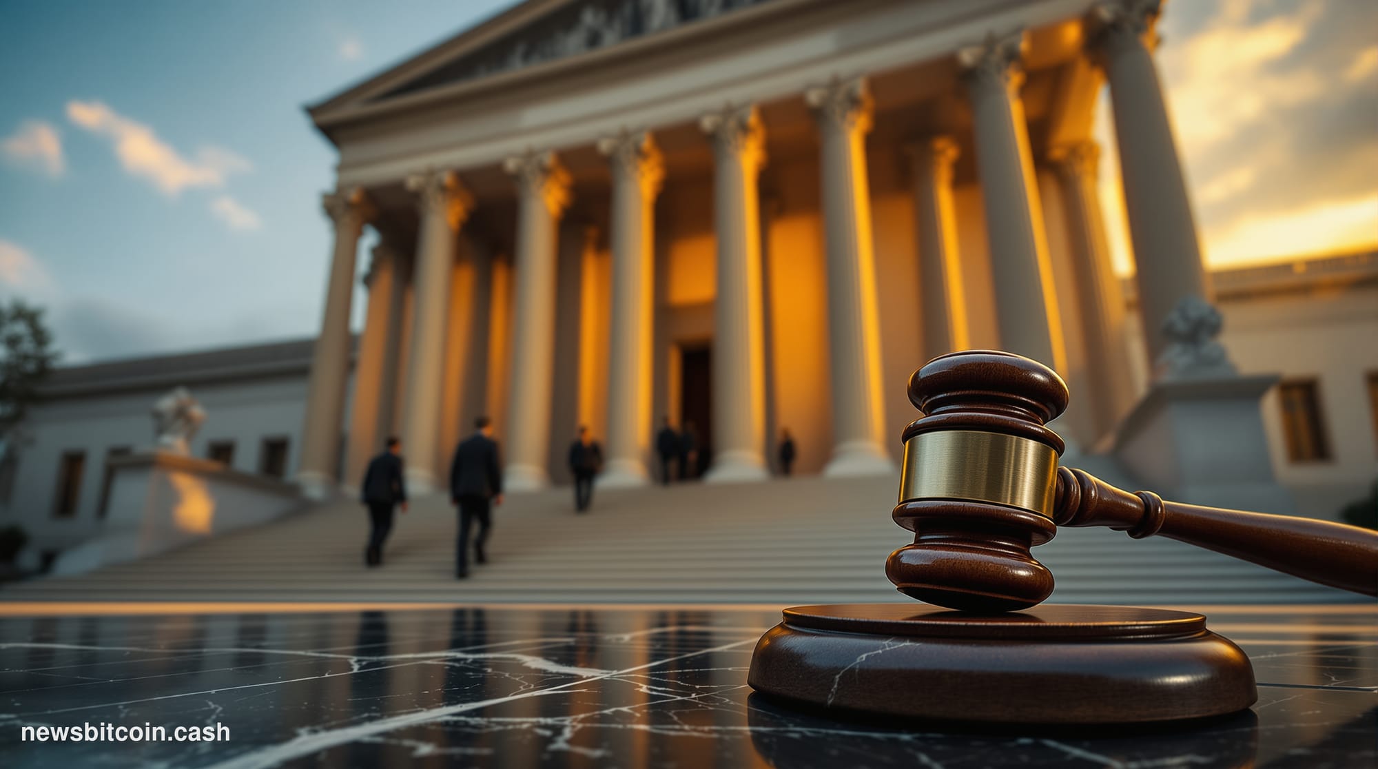 A cinematic photorealistic editorial photograph shot at low angle looking up at the imposing neoclassical facade of a federal