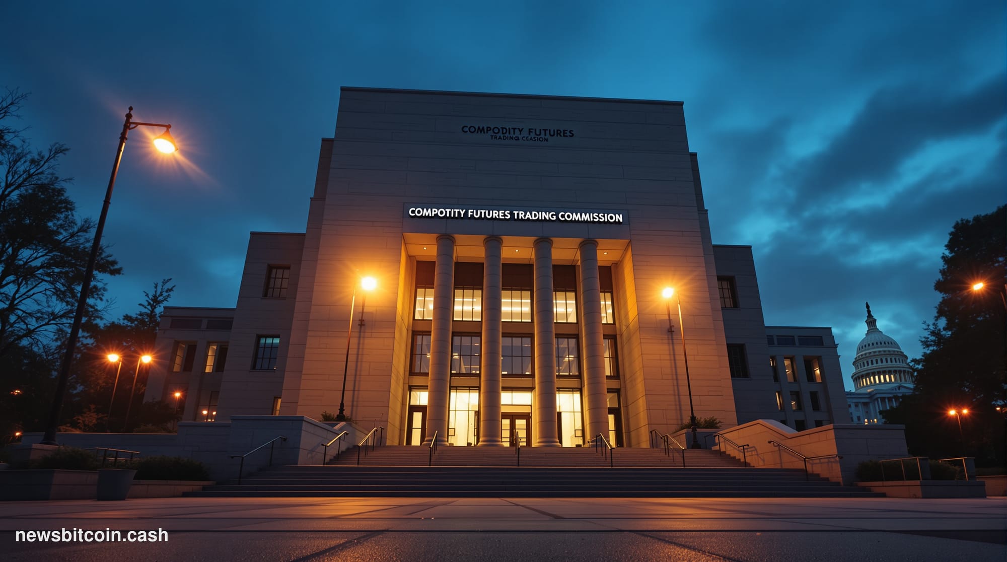A cinematic photorealistic editorial photograph of the exterior of the Commodity Futures Trading Commission headquarters in W