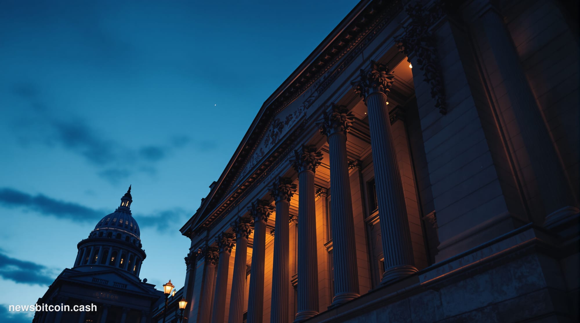 Cinematic photorealistic editorial photograph of the exterior of the Commodity Futures Trading Commission headquarters buildi