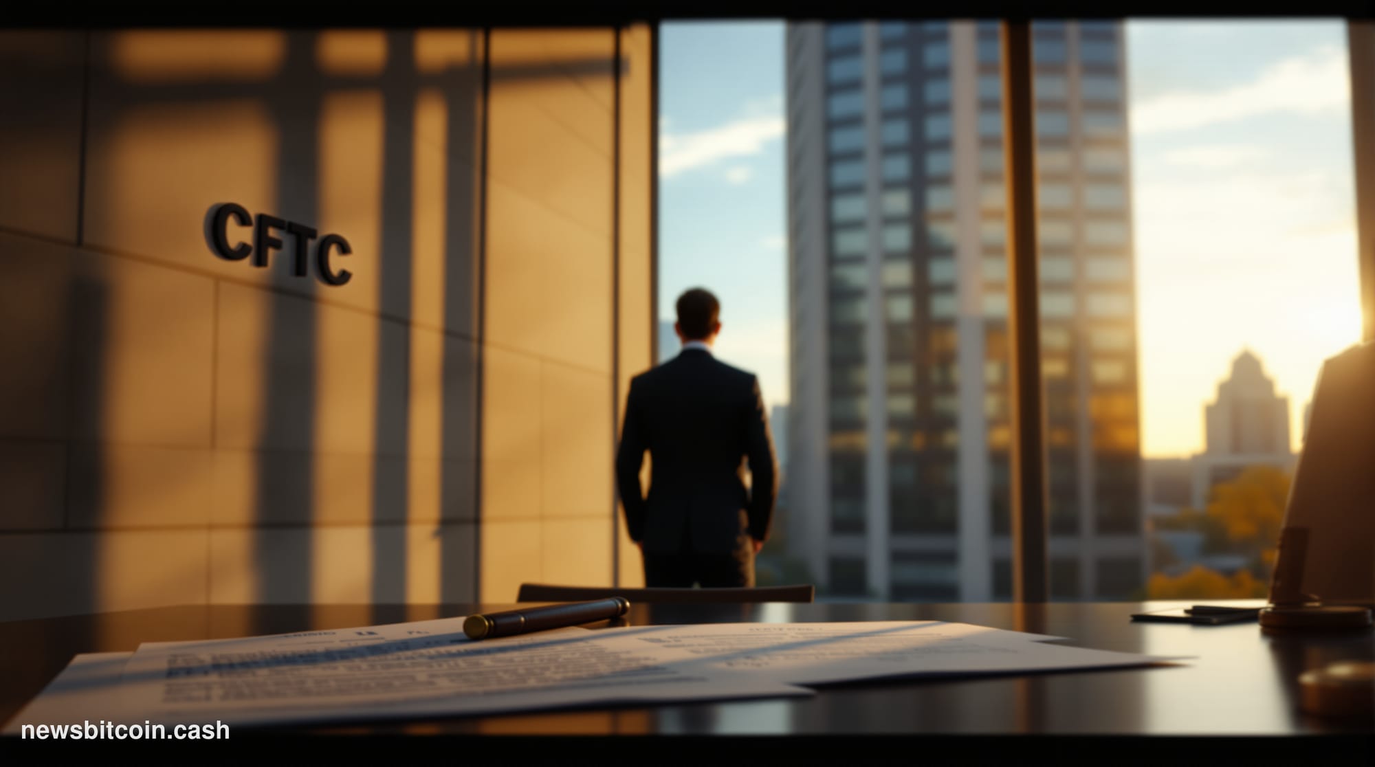 A cinematic photorealistic editorial photograph of the exterior of the Commodity Futures Trading Commission headquarters in W