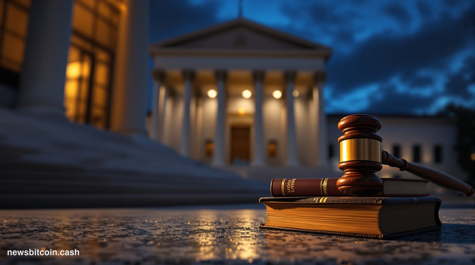 Cinematic photorealistic editorial photograph of a somber federal courthouse entrance at dusk, specifically evoking the South