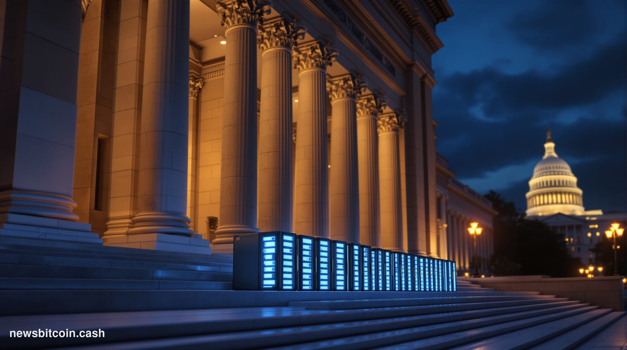 Cinematic photorealistic editorial photograph of the exterior of the Commodity Futures Trading Commission headquarters in Was