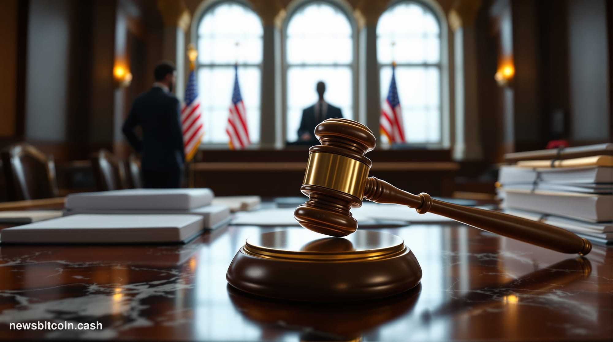 A cinematic photorealistic editorial photograph set in a marble-floored federal regulatory hearing room in Washington D.C., w