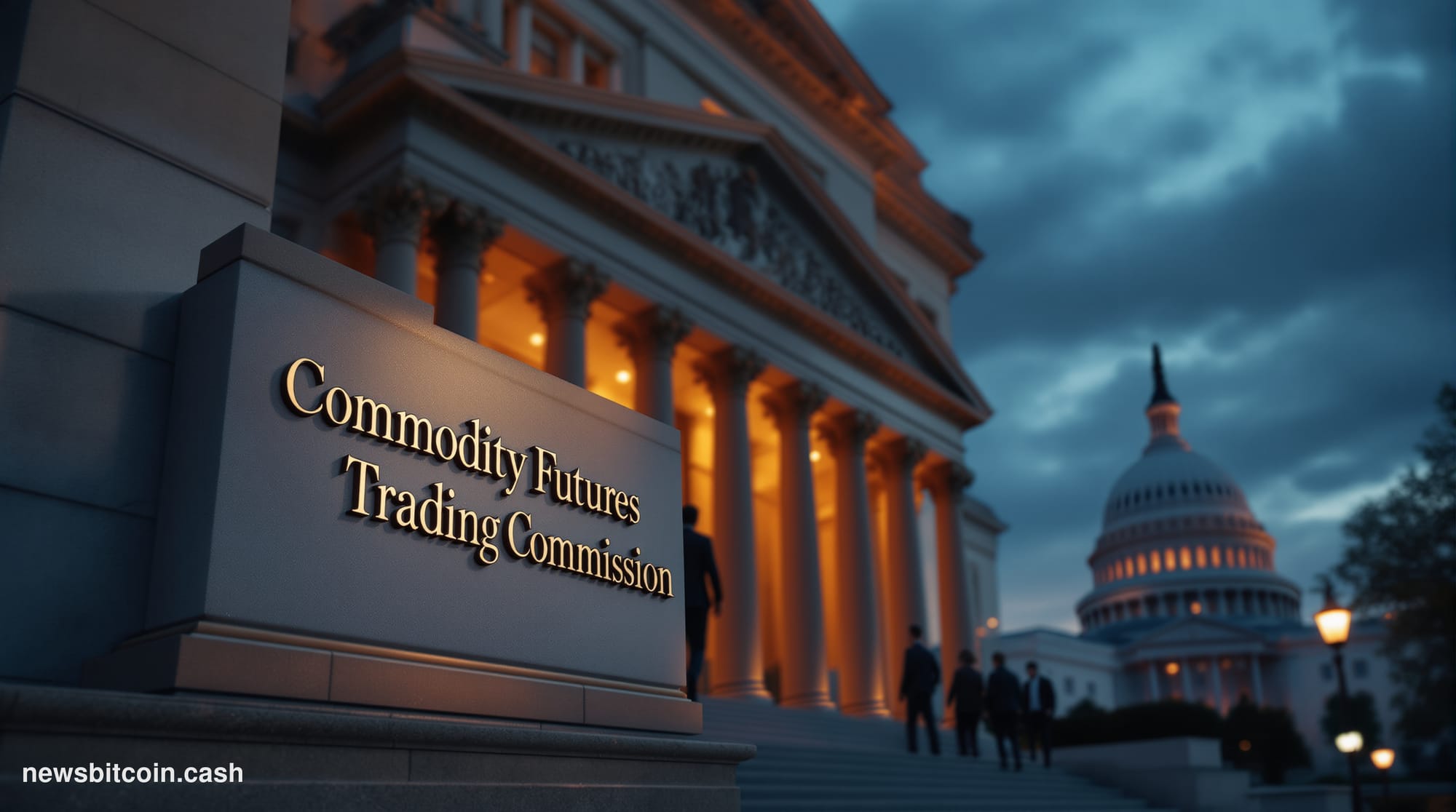 Cinematic photorealistic editorial photograph of the exterior of the Commodity Futures Trading Commission headquarters buildi
