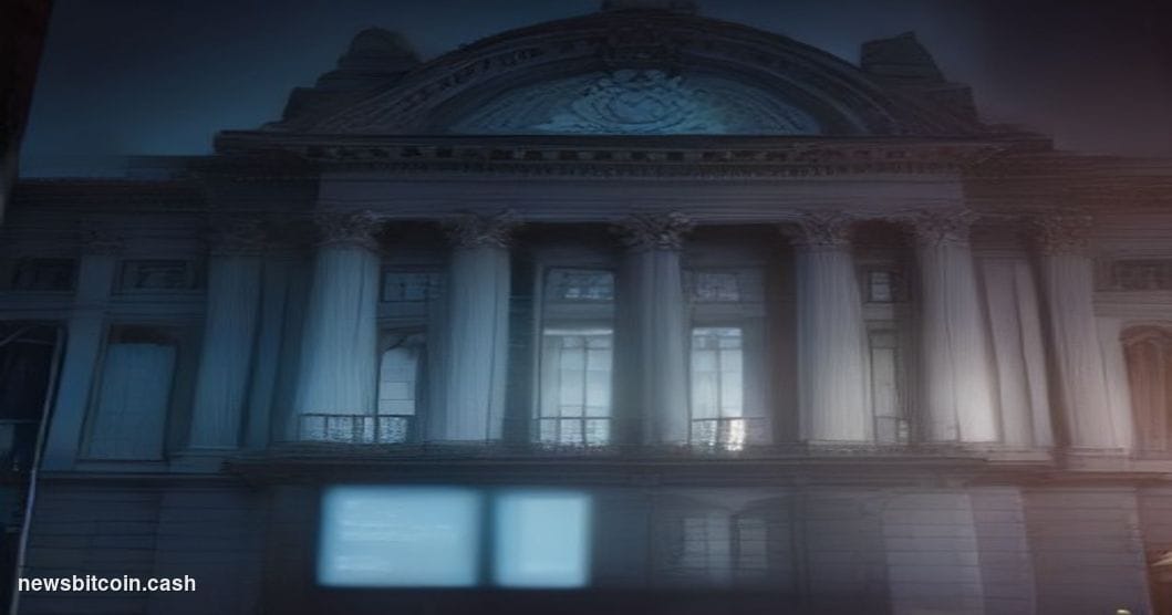 Cinematic photorealistic editorial photograph of a large stone government building facade — evoking an OECD or treasury minis