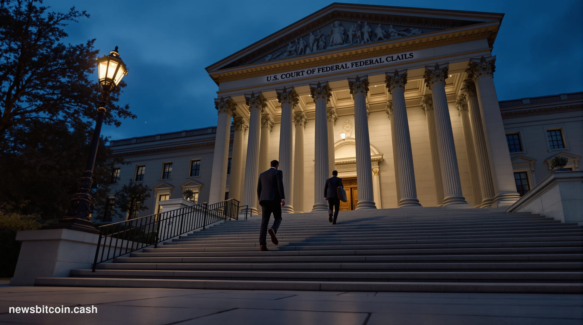Cinematic photorealistic editorial photograph of the exterior of the U.S. Court of Federal Claims building in Washington D.C.