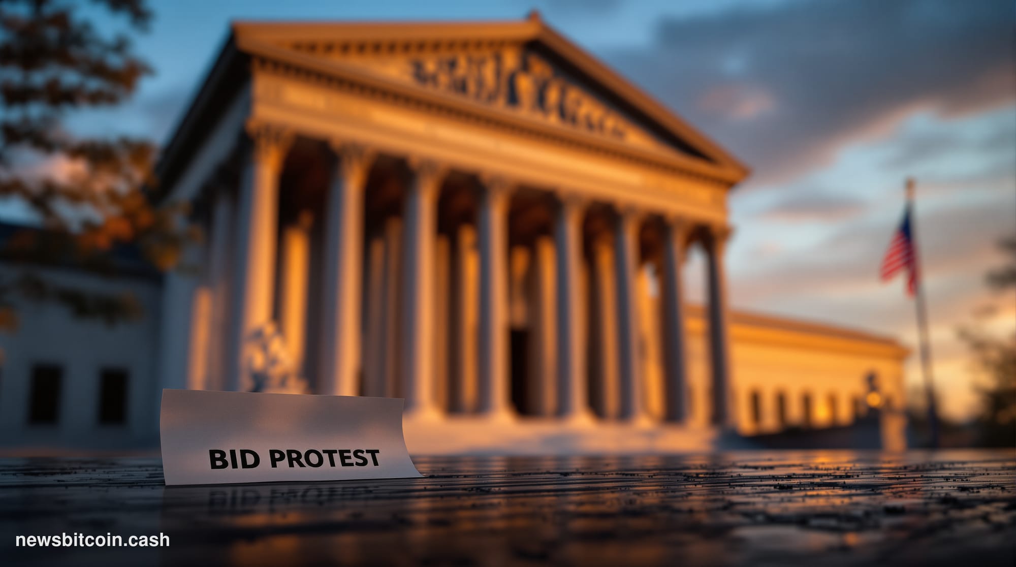 Cinematic photorealistic editorial photograph of the exterior of the U.S. Court of Federal Claims building in Washington D.C.