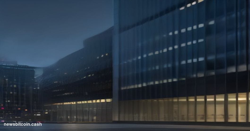 Cinematic photorealistic editorial photograph of a grand European financial district at dusk, featuring the iconic glass-and-