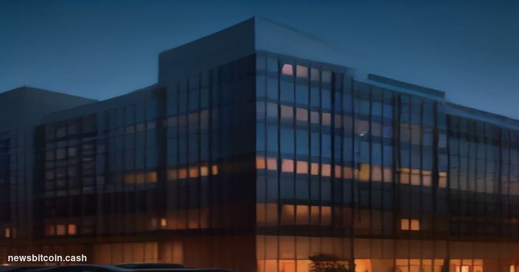 Cinematic photorealistic editorial photograph of Charles Schwab's San Francisco or Westlake, Texas headquarters at dusk, the 