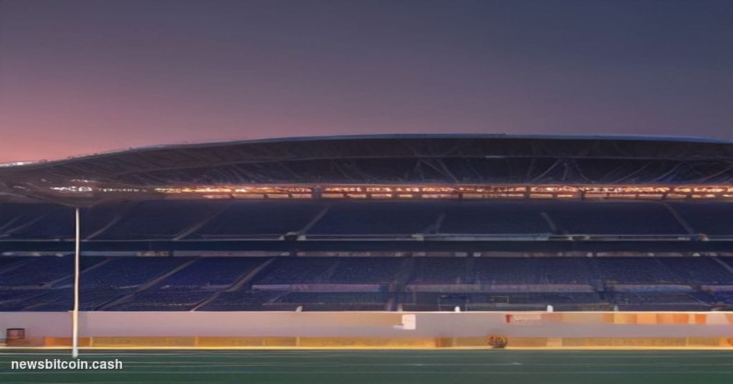 Cinematic photorealistic editorial photograph of Stamford Bridge stadium exterior in West London at dusk, dramatic golden-hou