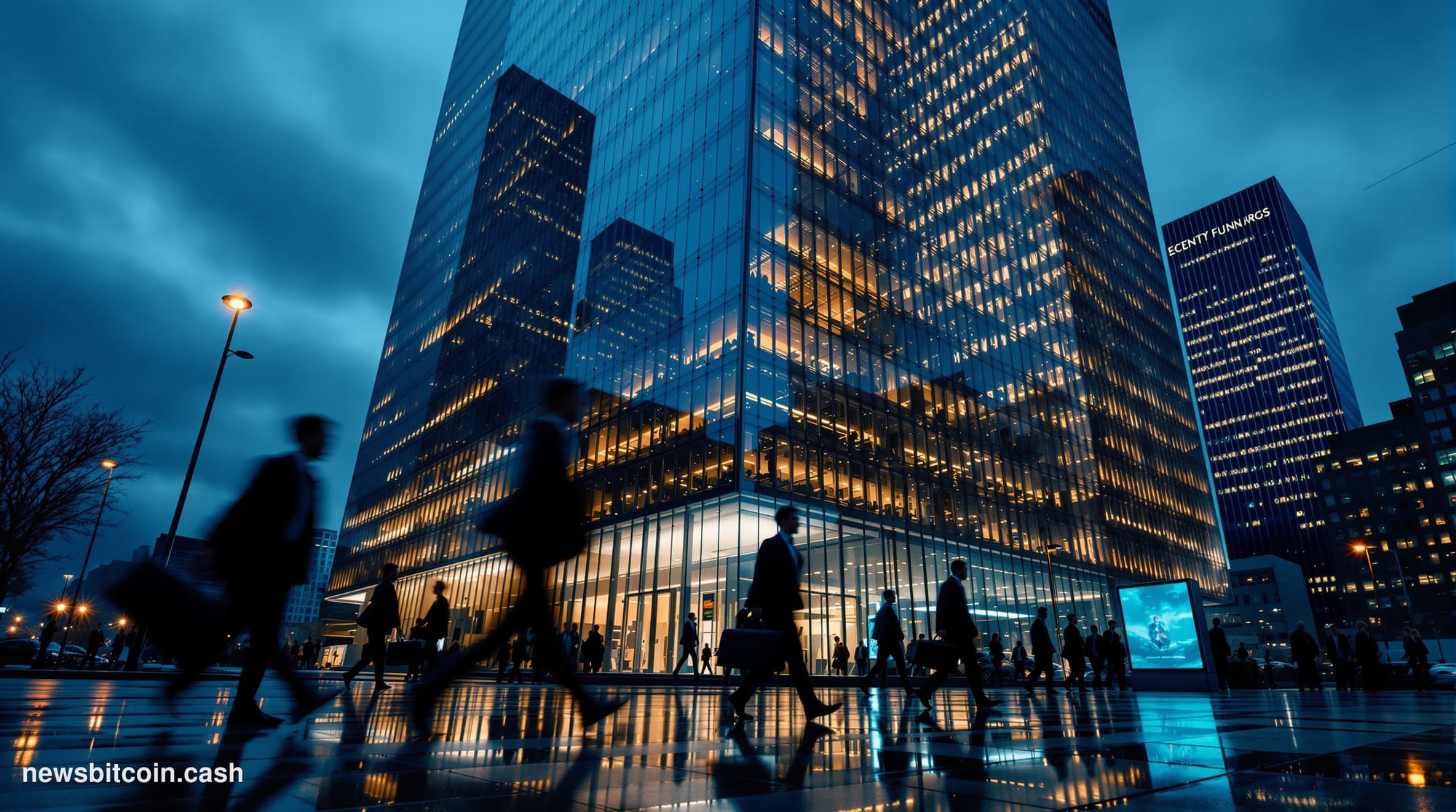 Cinematic photorealistic editorial photograph shot at dusk from street level looking up at Hong Kong's iconic skyline — the B