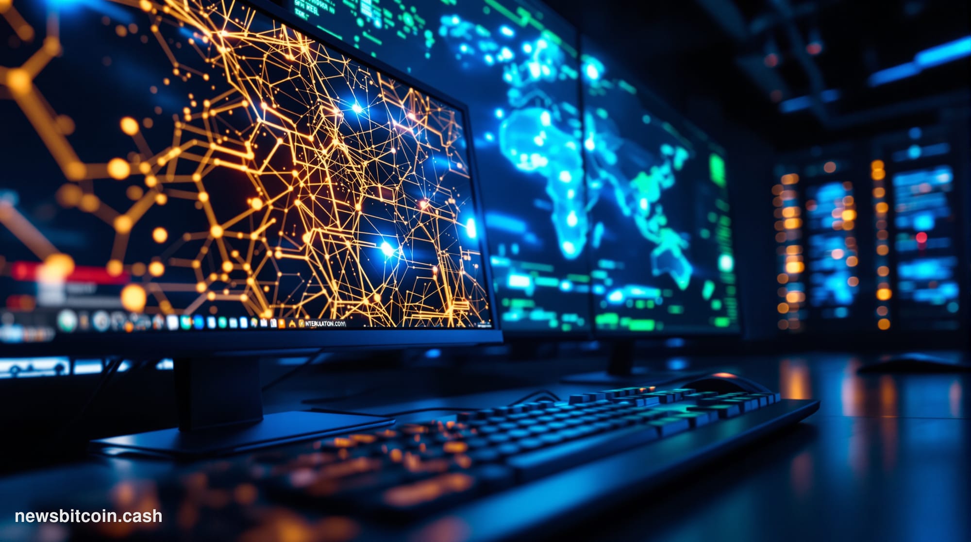 A cinematic photorealistic editorial photograph shot in a dimly lit server room environment with dramatic blue-cold ambient l
