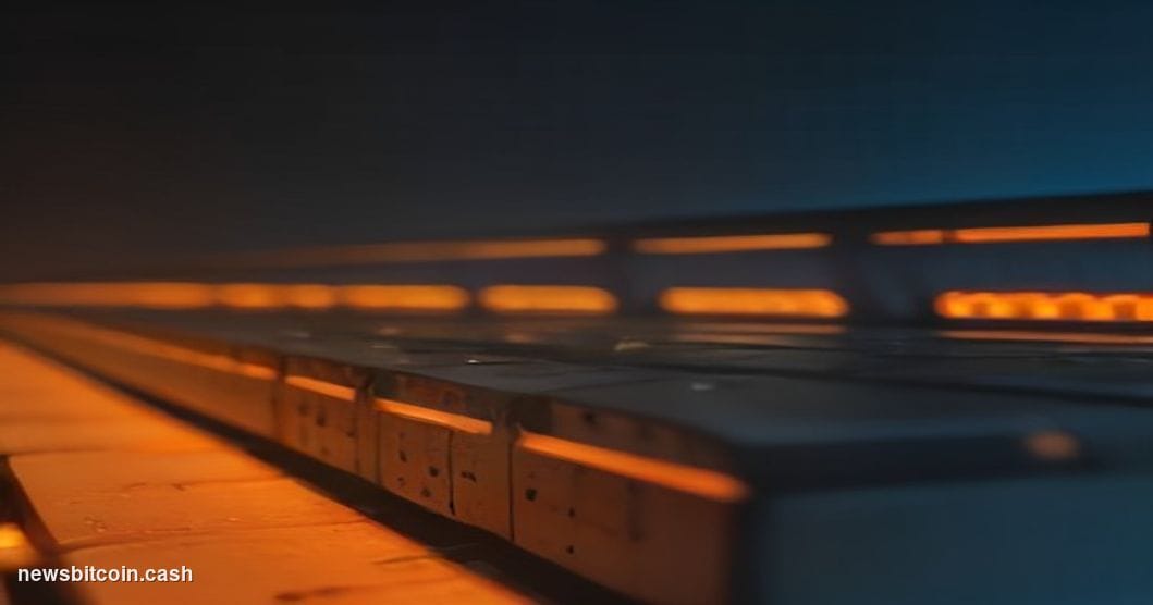 Cinematic photorealistic editorial photograph shot from a low angle inside a dimly lit server room with rows of glowing rack 