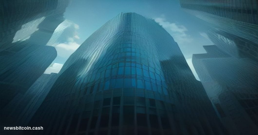 Cinematic photorealistic editorial photograph of Circle's financial district office environment, shot from a low angle lookin