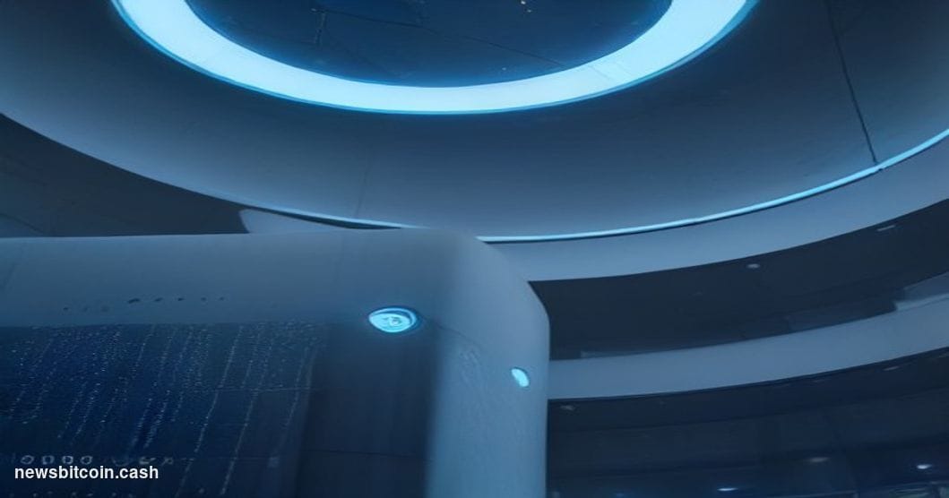 Cinematic photorealistic editorial photograph of Circle's financial operations center, shot from a low angle looking up at a 