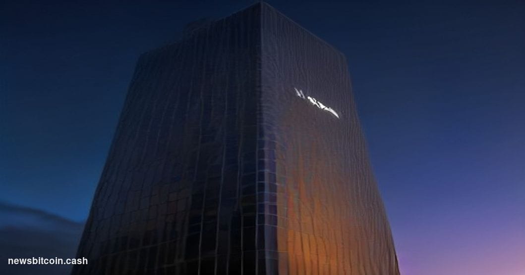 Cinematic photorealistic editorial photograph of the Citadel Securities headquarters building in Miami, Florida, shot at dusk