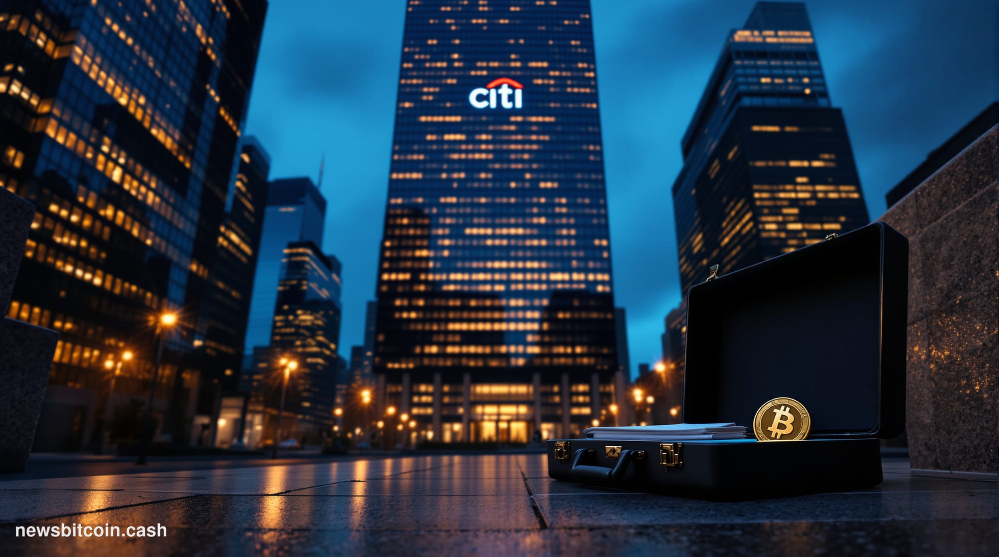 Cinematic photorealistic editorial photograph of Citigroup's iconic Manhattan headquarters tower at 388 Greenwich Street, sho
