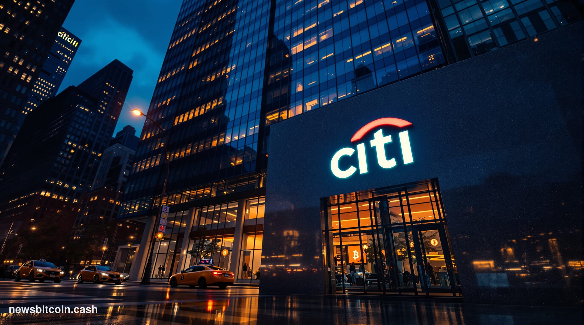 Cinematic photorealistic editorial photograph of Citigroup's iconic Manhattan headquarters at 388 Greenwich Street, shot from
