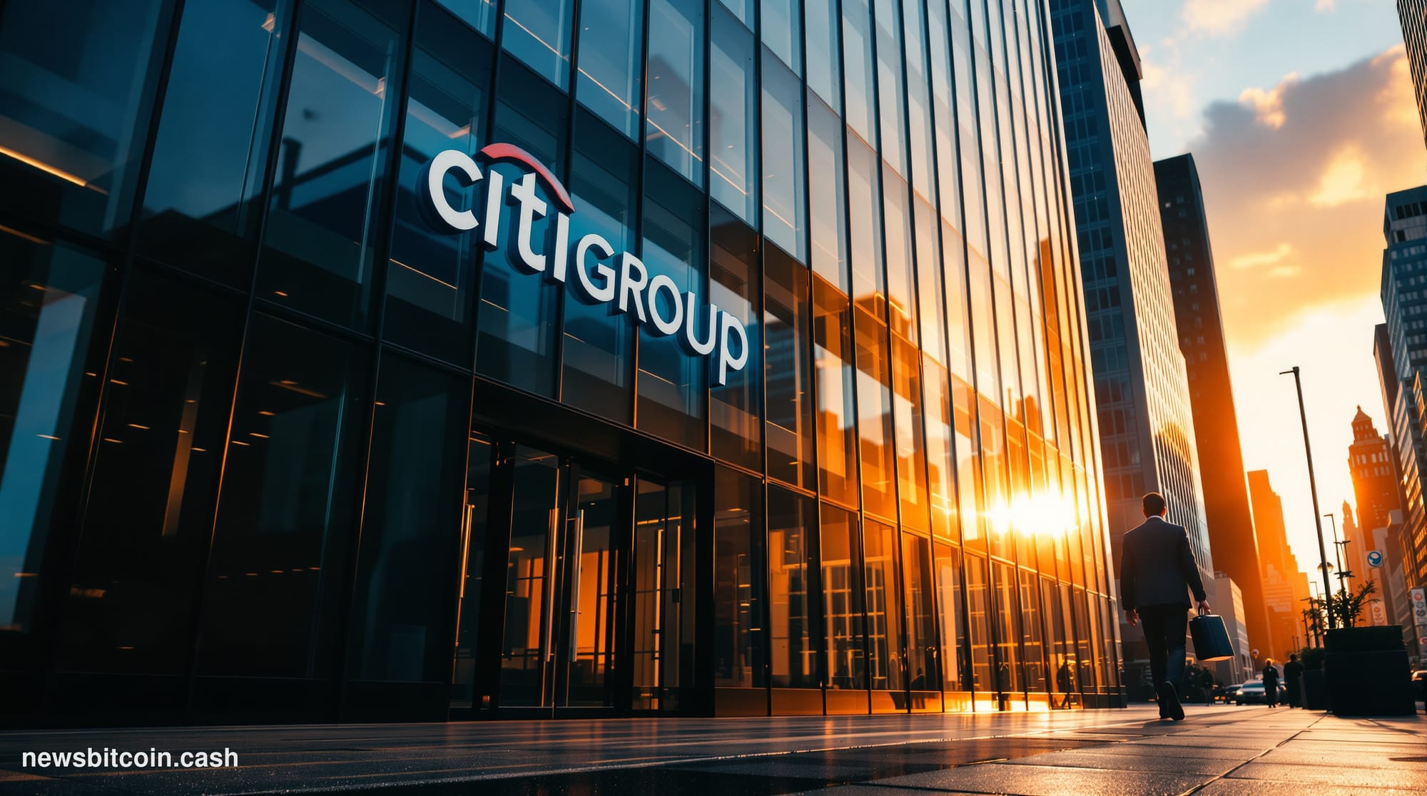 A cinematic photorealistic editorial photograph of Citigroup's iconic Manhattan headquarters at 388 Greenwich Street, shot fr