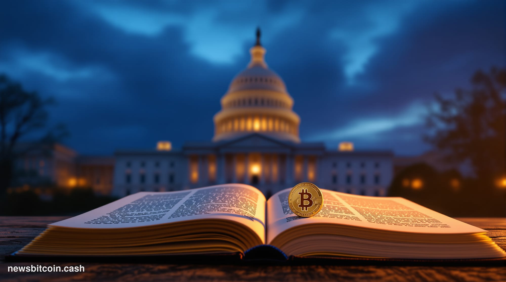 A cinematic photorealistic editorial photograph of the United States Capitol building at dusk, shot from a low angle with dra
